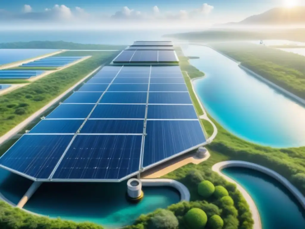 Avances en desalinización sostenible: planta de diseño futurista con paneles solares y turbinas eólicas, en armonía con la naturaleza y el mar azul