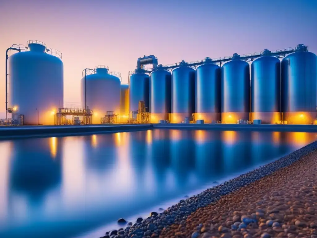 Avances en desalinización sostenible: Planta futurista de desalinización iluminada al atardecer, reflejando en aguas tranquilas