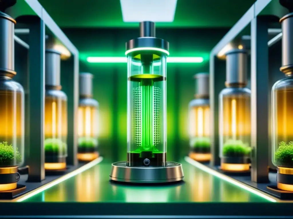 Avances en bioplásticos sostenibles: Detalle de un biorreactor futurista en laboratorio moderno, con líquido verde vibrante y tecnología avanzada