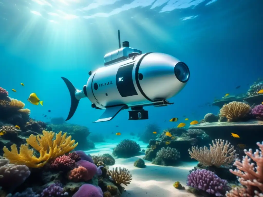 Exploración submarina: robot de alta tecnología en arrecife de coral Avances en robótica para exploración: Robot submarino navegando entre arrecifes de coral vibrantes