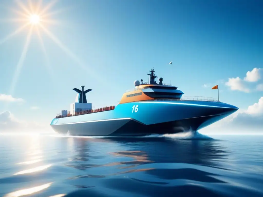 Avances tecnologías limpias marítimas: Barco eléctrico de carga surca el mar, con paneles solares y diseño futurista