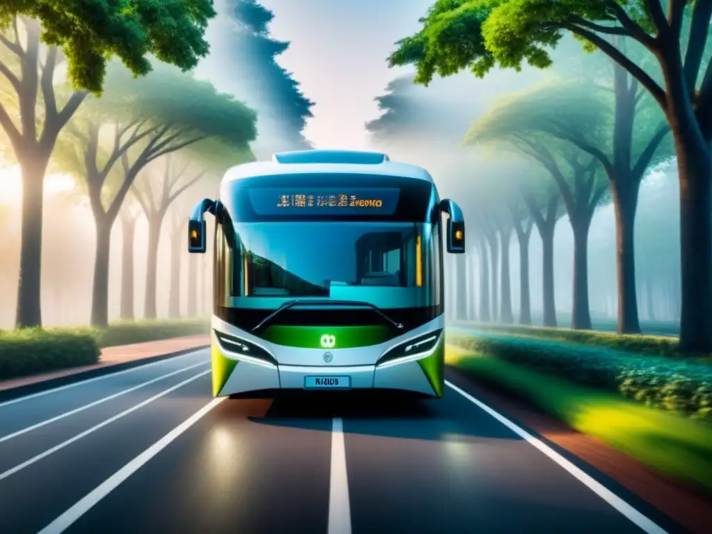 Avances en tecnologías verdes para transporte sostenible: autobús eléctrico futurista deslizándose suavemente por una carretera arbolada