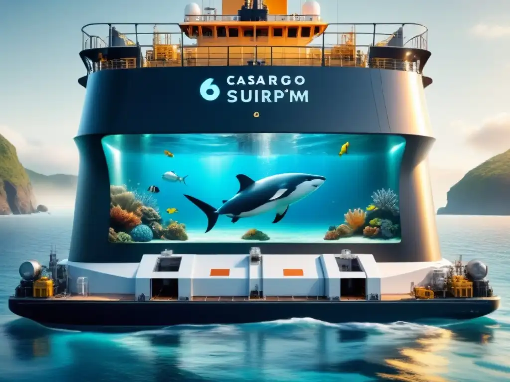 Avanzado sistema de tratamiento de aguas integrado en buque de carga Avances tecnológicos en gestión de aguas de lastre: Sistema futurista integrado en casco de barco de carga, rodeado de vida marina en el océano