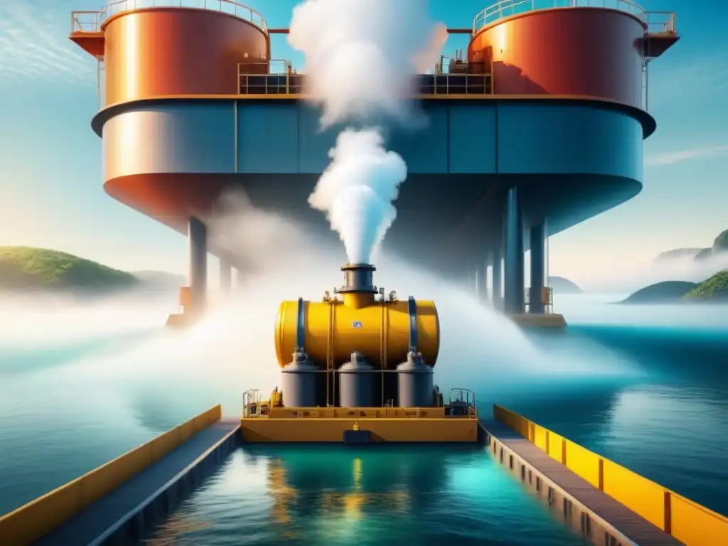 Filtración hightech de agua: innovación sostenible en acción Avances tecnológicos en gestión de aguas de lastre: Ilustración minimalista de un sistema de filtración de alta tecnología eliminando contaminantes del agua de lastre, mostrando detalles intrincados con un diseño moderno y elegante