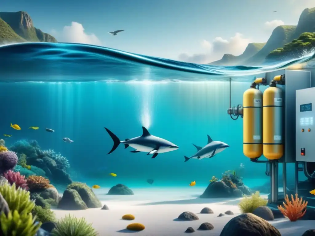 Tratamiento avanzado de agua: purificación y protección marina Avances tecnológicos en gestión de aguas de lastre: Ilustración minimalista de un sistema de tratamiento de aguas de lastre en acción, protegiendo la vida marina con tecnología avanzada