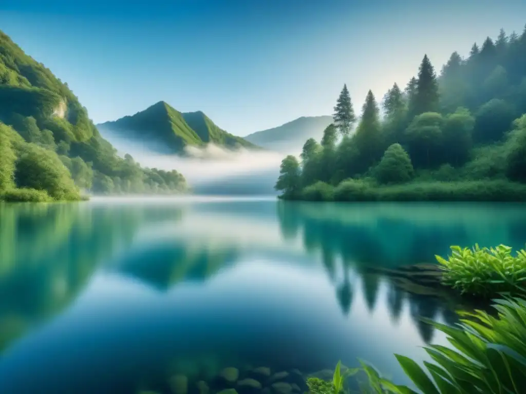 Avances tecnológicos en gestión de aguas: Tranquilidad en un lago cristalino reflejando exuberante vegetación bajo cielo azul