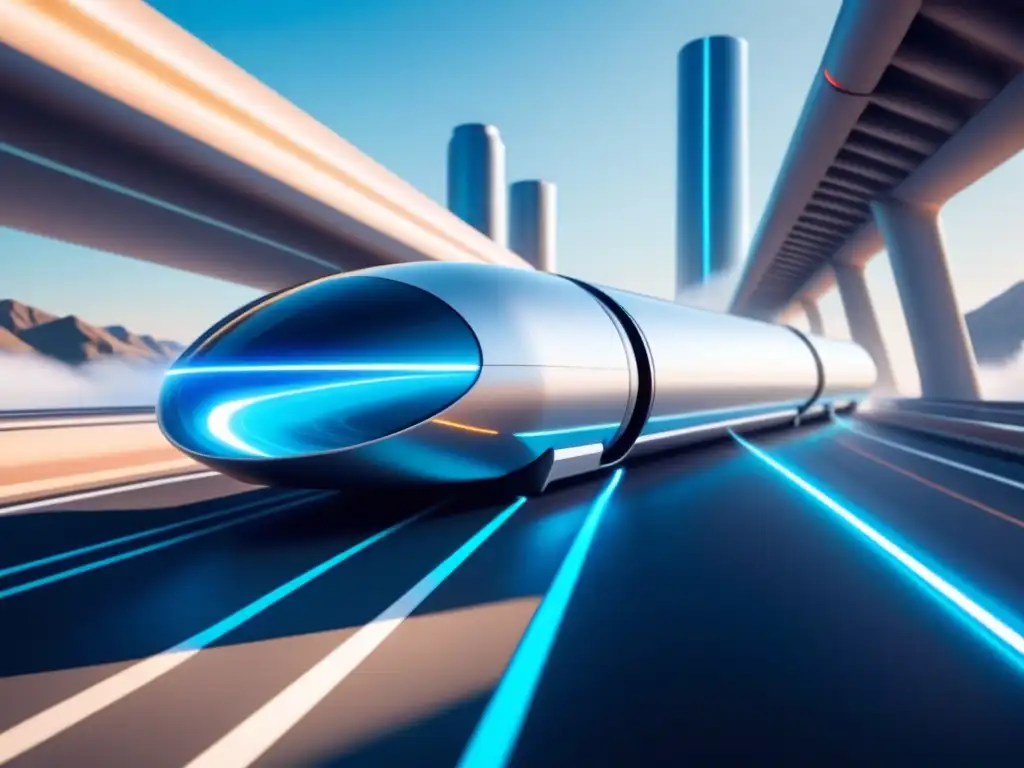 Avances tecnológicos en el Hyperloop: Pod futurista plateado con detalles azules en tubo vacío, mapa digital de ciudades conectadas