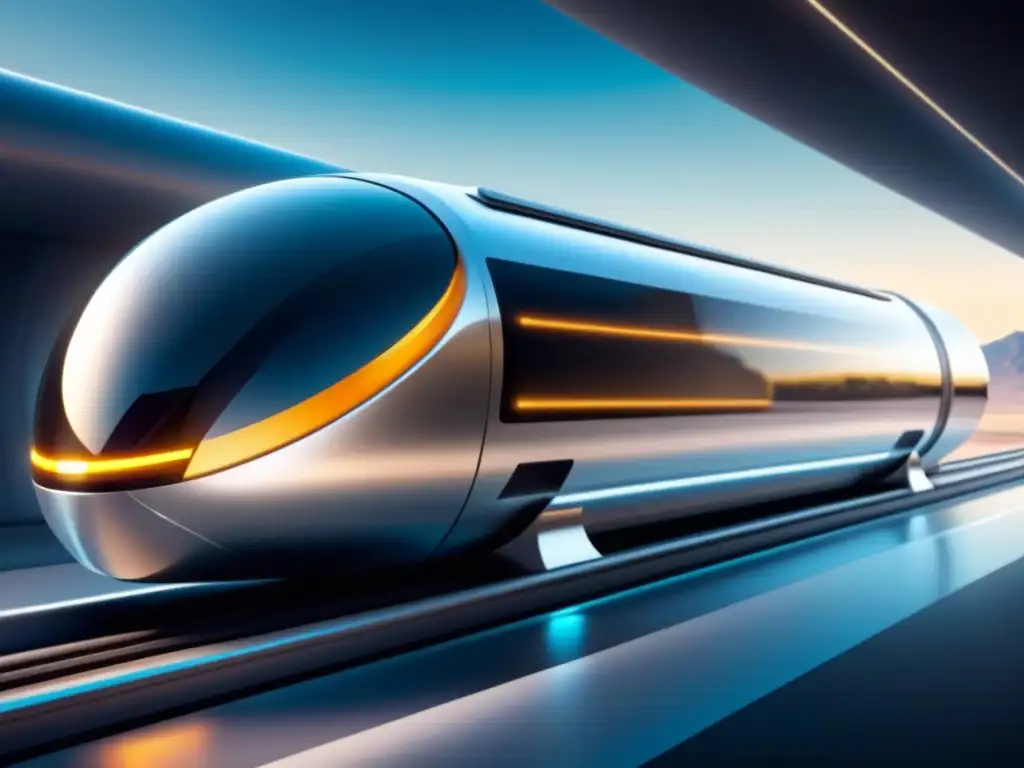 Avances tecnológicos en el Hyperloop: ilustración futurista de un pod avanzando veloz en un tubo al vacío, diseño limpio y profesional