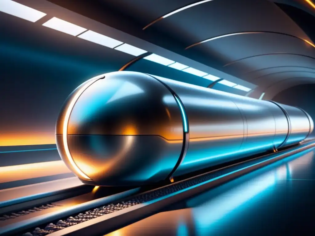 Avances tecnológicos en el Hyperloop: un pod futurista y elegante surcando un tubo al vacío, en un escenario hightech