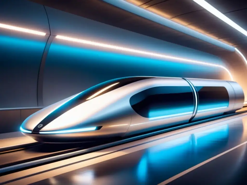 Avances tecnológicos en industrias emergentes: Un pod de hyperloop plateado surcando un túnel futurista iluminado