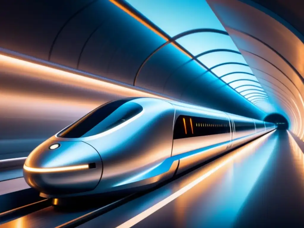 Avances tecnológicos en industrias emergentes: Hyperloop futurista avanzando velozmente por un túnel de alta tecnología