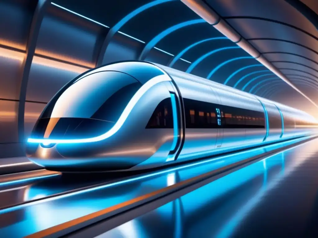 Avances tecnológicos en industrias emergentes: Pod futurista de Hyperloop en túnel de alta tecnología con ciudad arriba