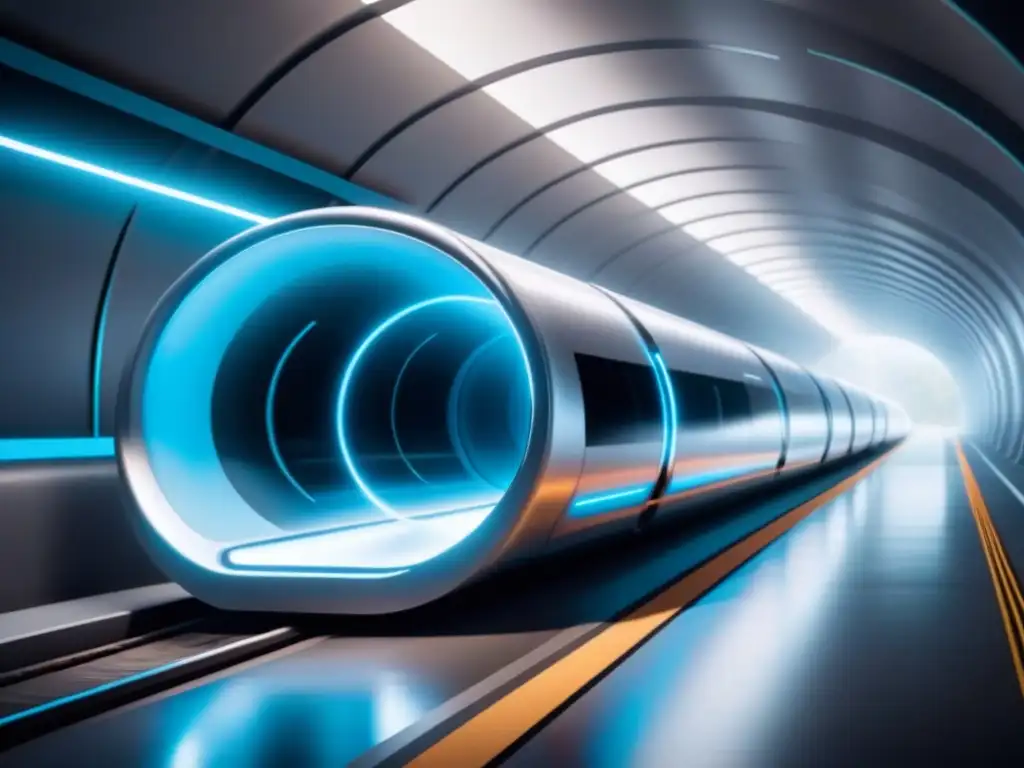 Avances tecnológicos en el Hyperloop: Pod plateado futurista deslizándose por un túnel hightech iluminado en azul suave