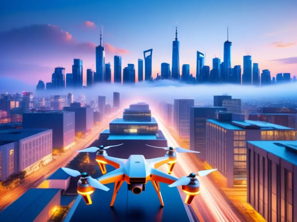 Avances tecnológicos en seguridad urbana del futuro: Drones y cámaras vigilan la ciudad futurista al anochecer, con datos brillantes sobre edificios