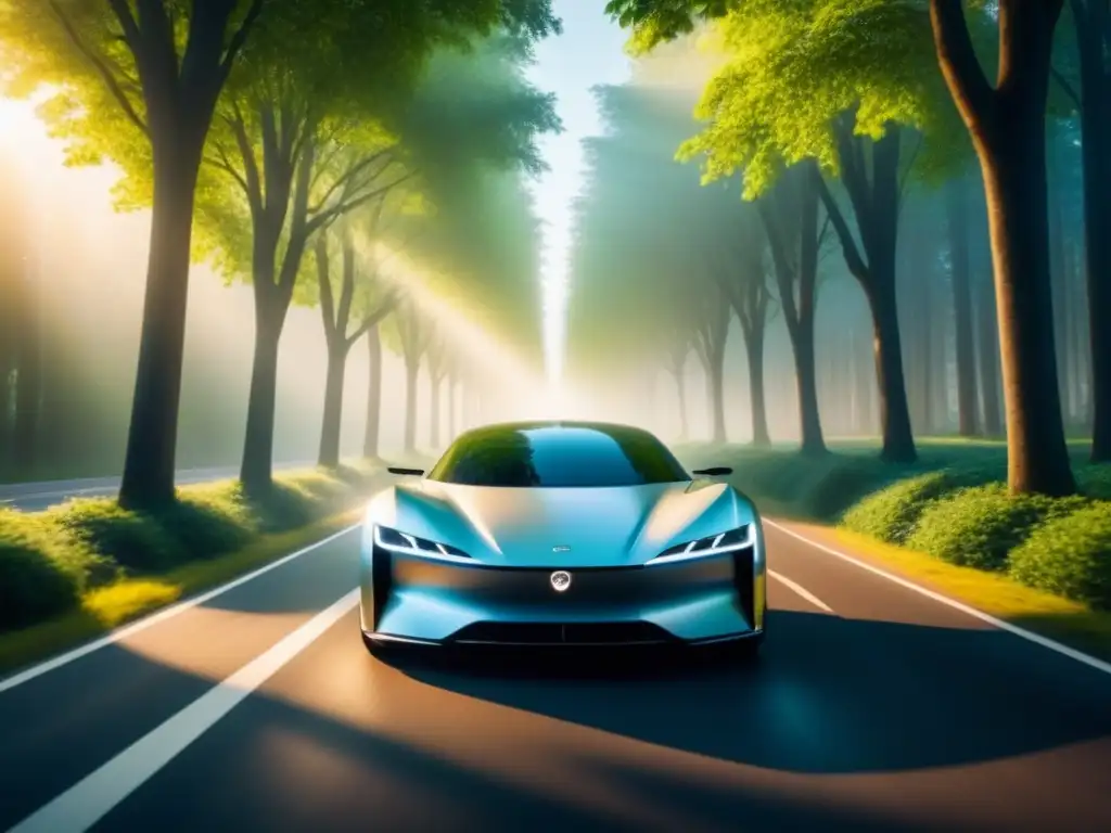 Avances tecnológicos en transporte sostenible: coche eléctrico futurista en armonía con la naturaleza