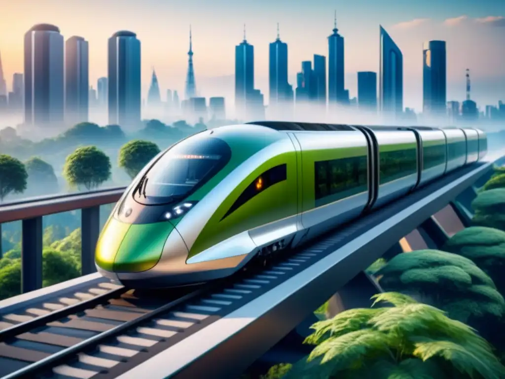 Avances tecnológicos en transporte sostenible: tren eléctrico futurista en ciudad verde