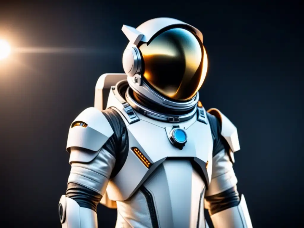 Traje espacial futurista: diseño innovador en blanco y plata Avances en trajes espaciales: Imagen de traje futurista blanco con detalles plateados sobre fondo oscuro