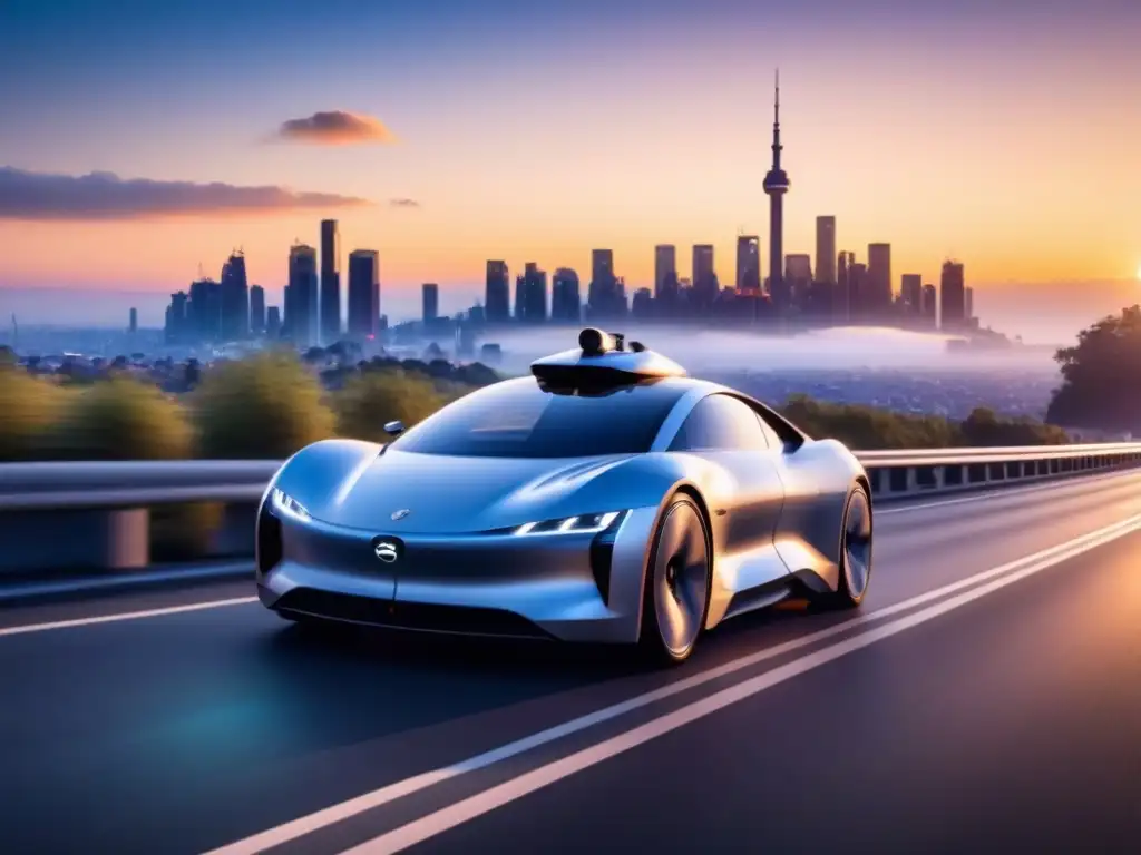 Avances en transporte autónomo sostenible: Coche futurista en autopista al atardecer con ciudad moderna de fondo