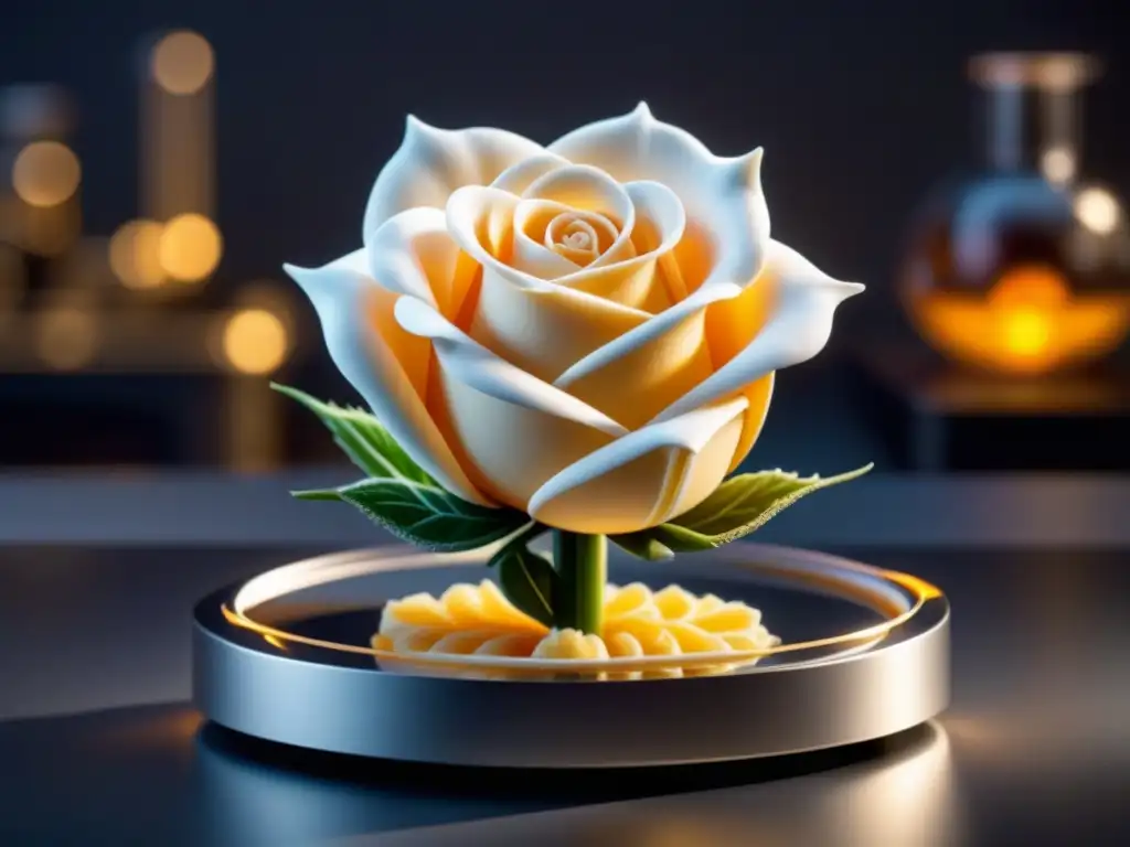 Avanzada innovación en impresión 3D alimentaria: impresora 3D futurista creando una rosa de azúcar detallada y delicada