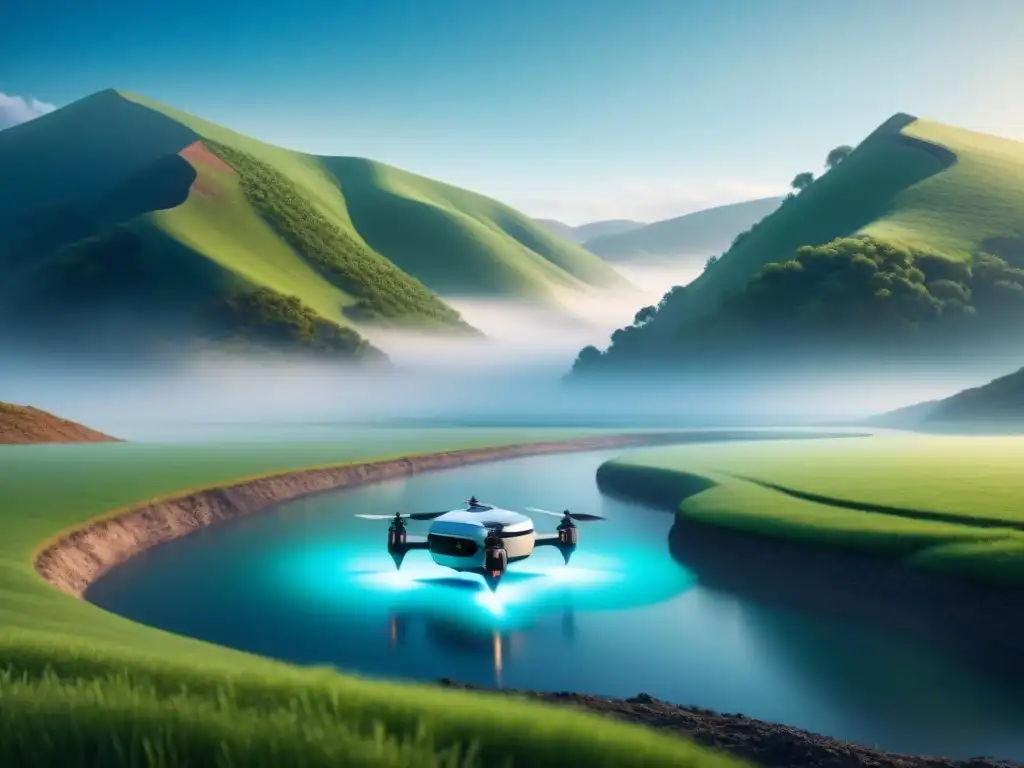 Avanzada remediación ambiental: drones futuristas restauran paisaje verde con tecnología de vanguardia