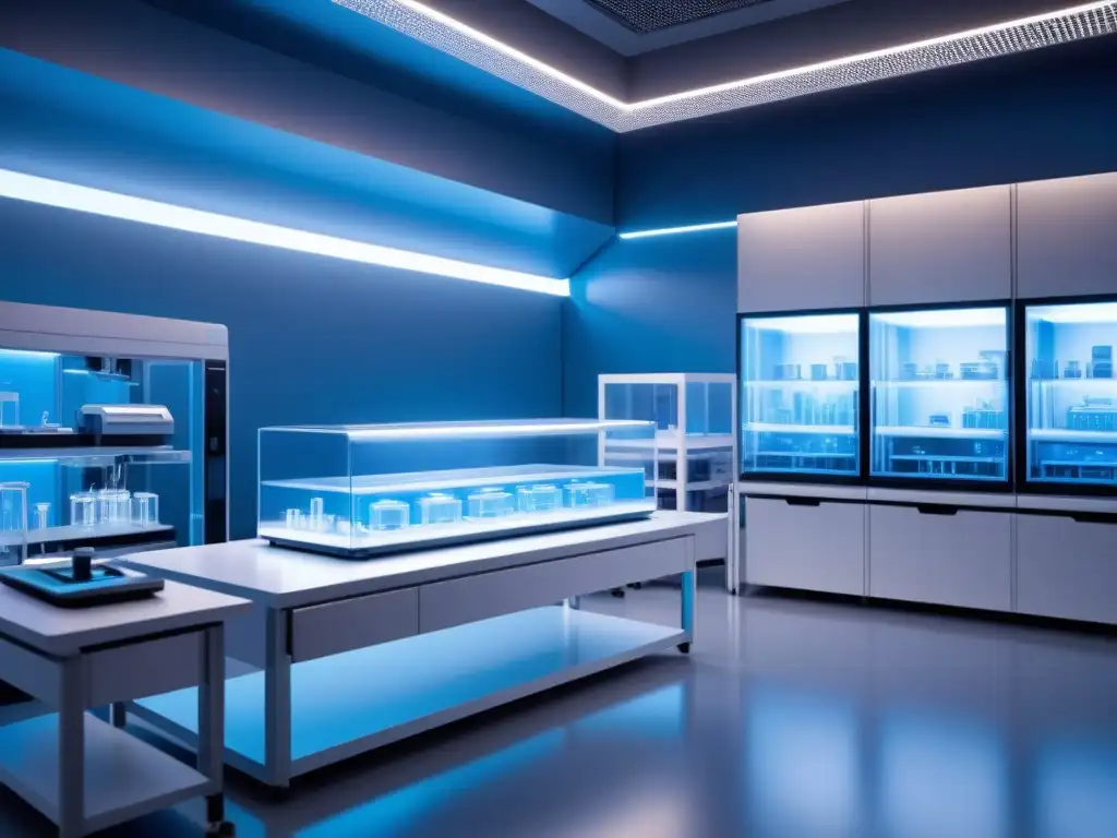 Avanzada bioingeniería de tejidos en un laboratorio futurista con equipamiento de vanguardia y luces azules suaves