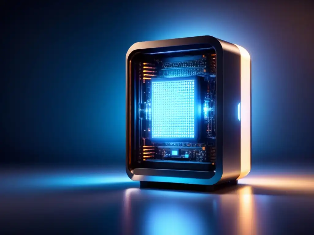 Futuro brillante: Quantum computer de vanguardia en azul Avanzada computadora cuántica con procesadores brillantes en azul, circuitos intrincados, en un fondo oscuro
