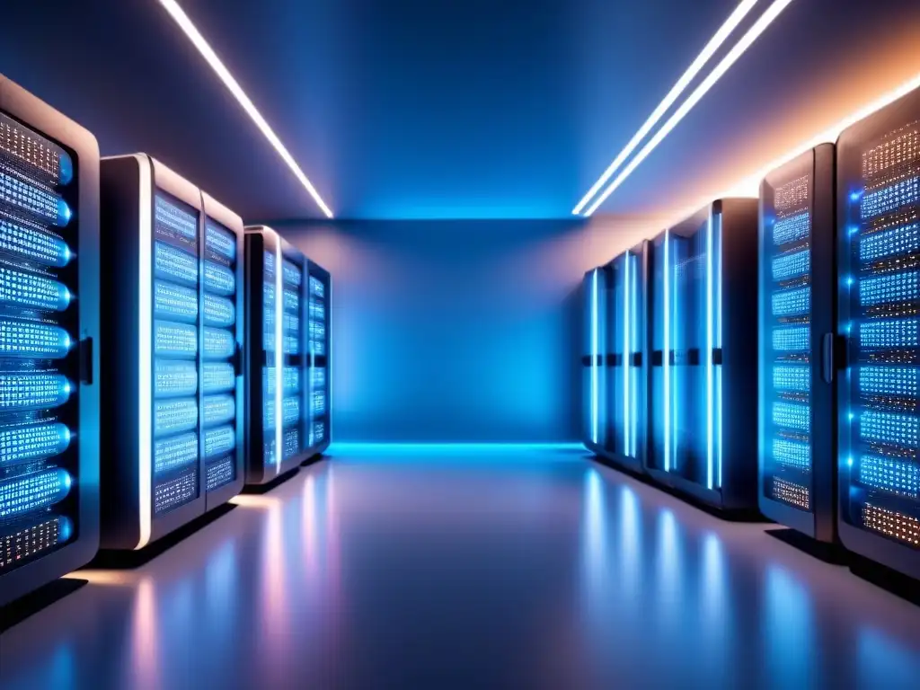 Avanzada computadora futurista con patrones de circuitos brillantes en azul, simbolizando la eficiencia de la Gestión de Identidades Computación Alto