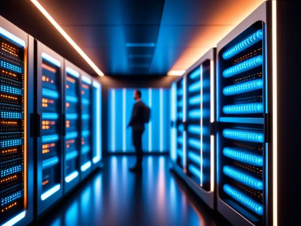 Supercomputadora futurista: detalle ultrapreciso y potente Avanzada supercomputación en desarrollo de materiales: un futurista ordenador con circuitos y luces brillantes en fondo oscuro
