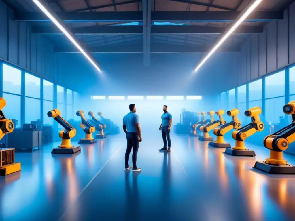 Avanzada fábrica industrial: humanos y robots trabajando juntos Avanzada fábrica industrial con brazos robóticos y trabajadores, iluminados en azul