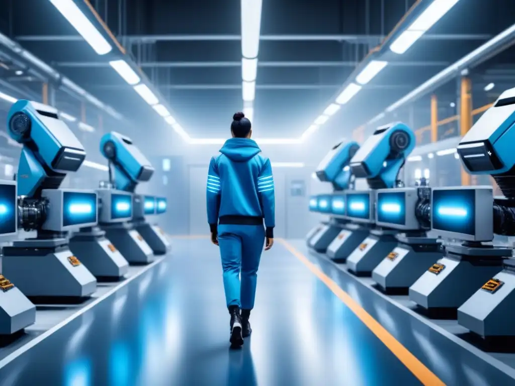 Instalación industrial futurista con IA y robots eficientes Avanzada fábrica industrial futurista con maquinaria AI y brazos robóticos, tonos metálicos y azules