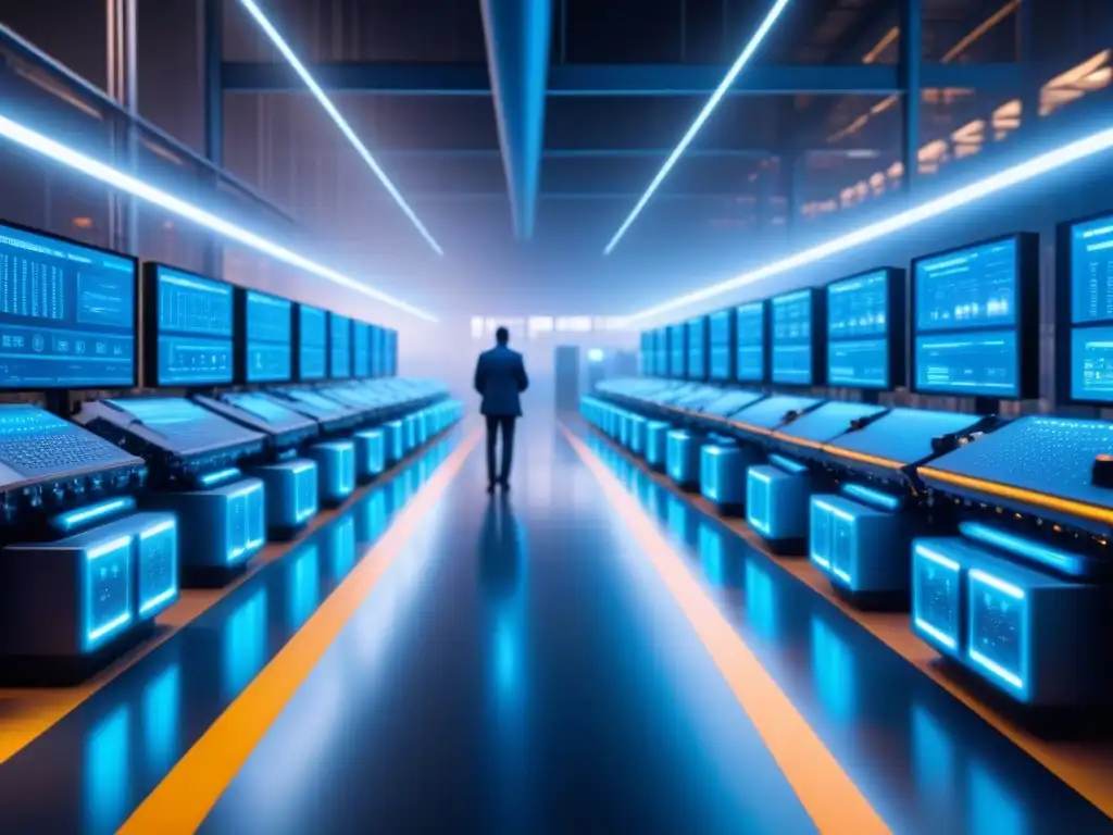 Planta industrial futurista: Eficiencia y conectividad IoT Avanzada fábrica industrial futurista con dispositivos IoT integrados, emitiendo una luz azul suave, Seguridad en dispositivos IoT industriales