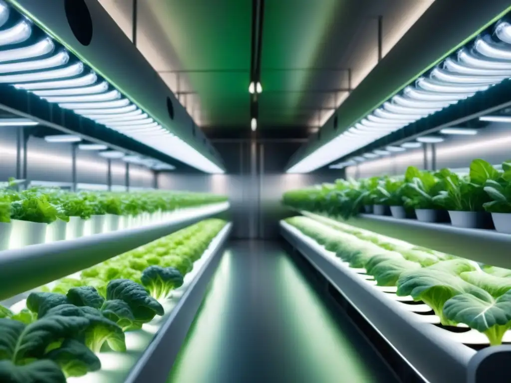 Avanzada granja vertical con verduras verdes bajo luces LED y sistema de riego, destacando tecnologías limpias en producción de alimentos sostenible