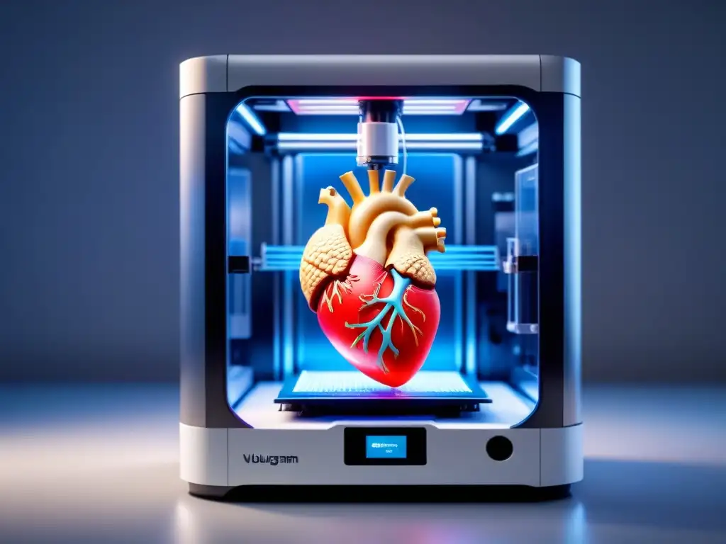 Avanzada bioimpresión de órganos humanos: Una impresora 3D crea un detallado corazón humano en capas, con tecnología innovadora