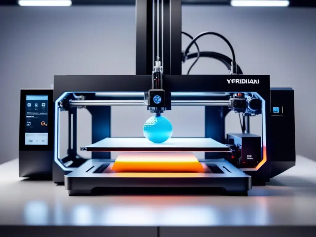 'Avanzada impresora 3D en acción, creando piezas detalladas con precisión en un entorno blanco limpio, destacando la innovación en cadena suministro'