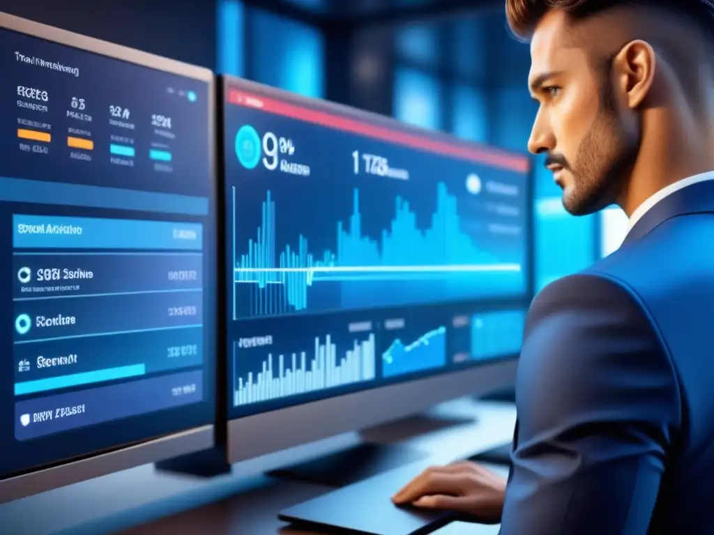 Una avanzada interfaz digital muestra la automatización de la gestión de activos inversores con gráficos y datos en tonos azules y metálicos