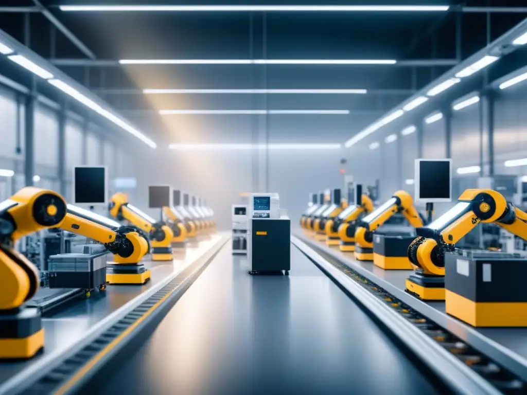 Avanzada línea de ensamblaje en fábrica: robótica maneja paquetes inteligentes con IA