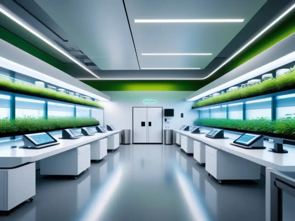 Avanzada planta biotecnológica en blanco y verde con tecnologías de secuenciación en bioprocesamiento