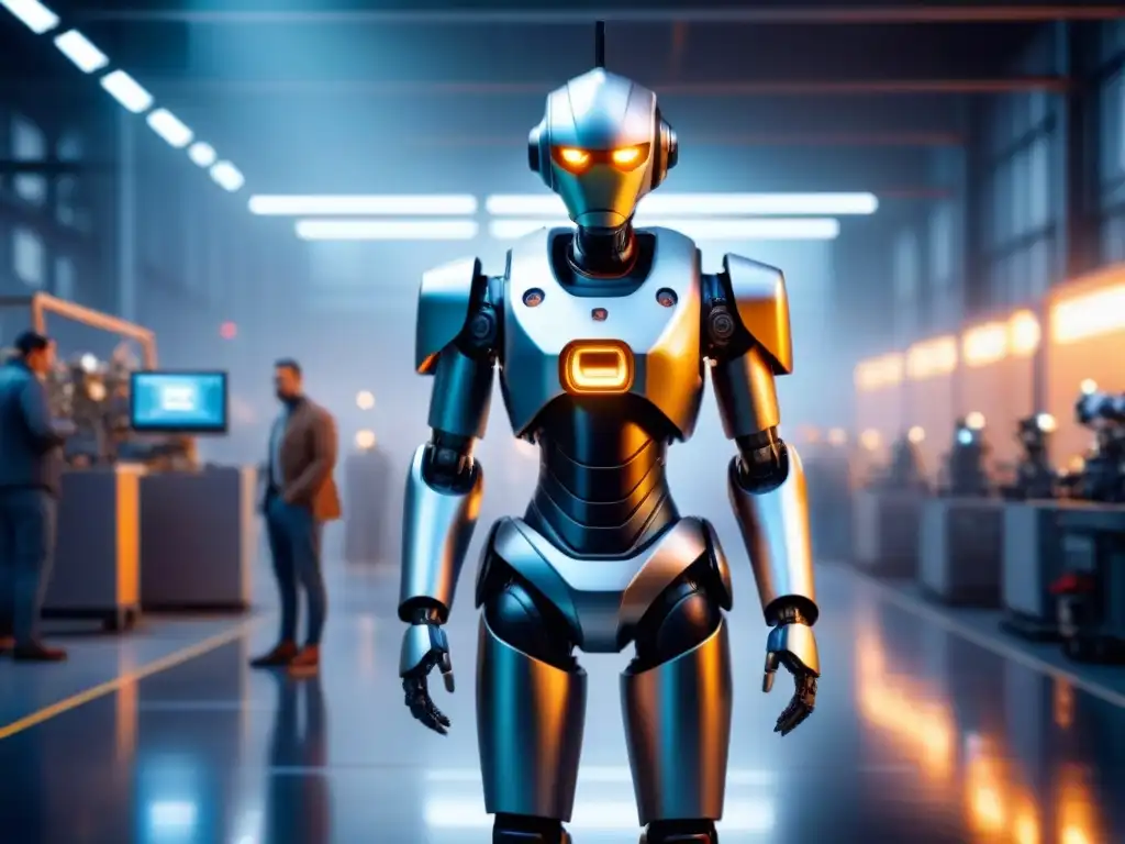 Robot industrial futurista trabajando en fábrica moderna Avanzada robótica sensible en industrias futuras, trabajando en armonía con humanos en una fábrica moderna