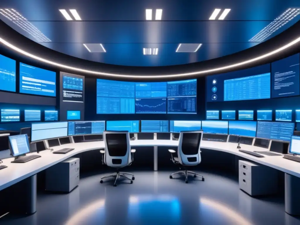 Sala de control moderna: seguridad y eficiencia en infraestructura crítica Avanzada sala de control en infraestructura, con datos de seguridad en pantallas