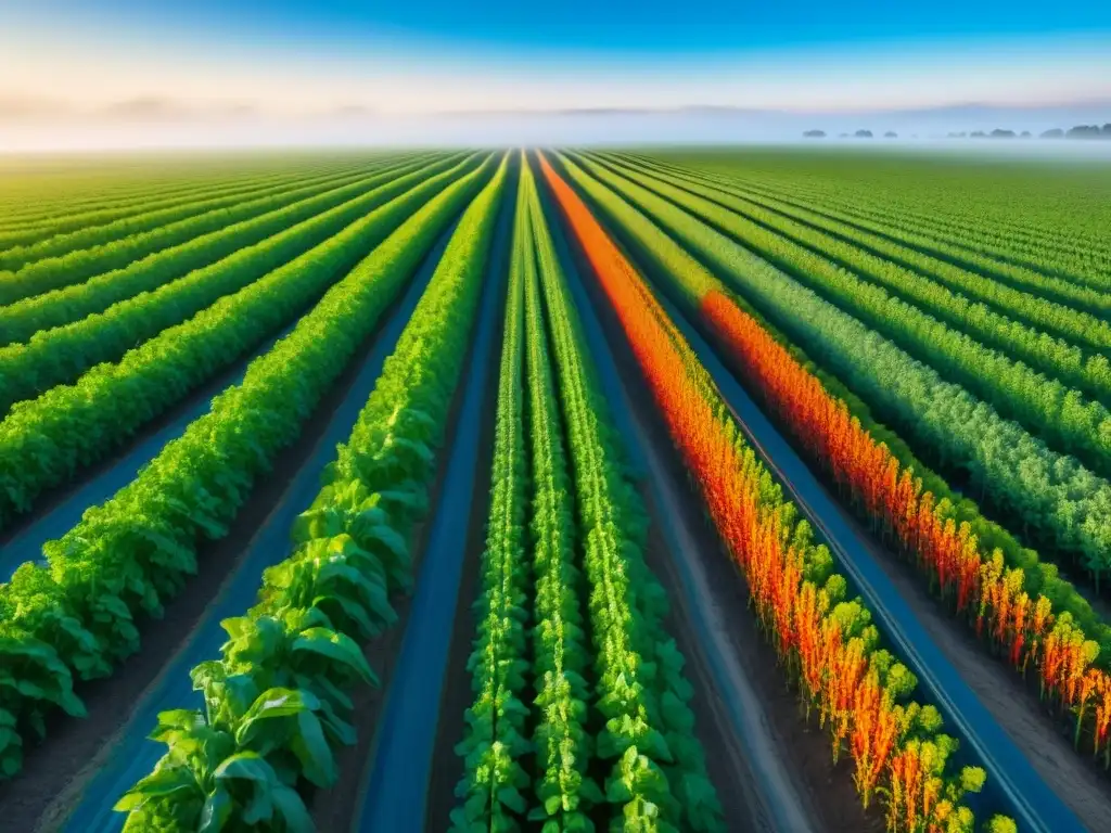 Avanzada tecnología CRISPR en campos verdes, cosechas vibrantes bajo cielo azul, mitigación cambio climático agricultura