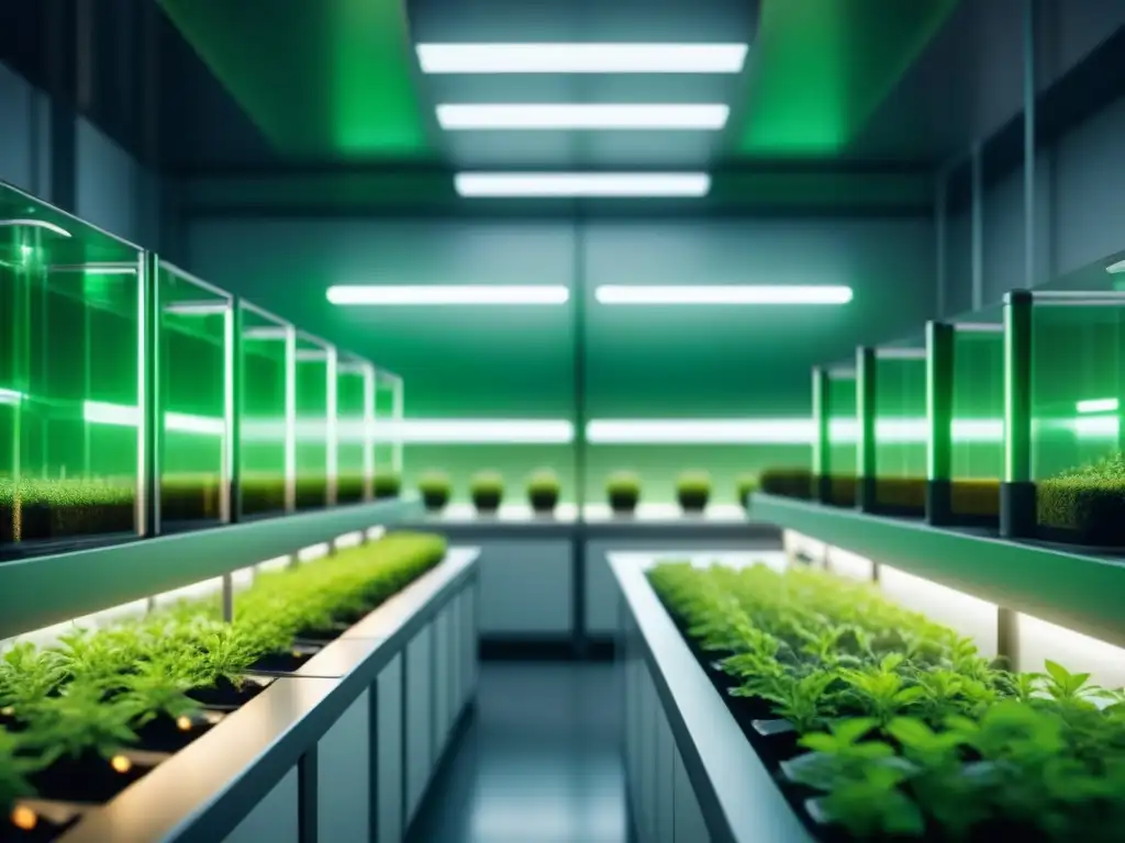 Avanzada tecnología en producción de biomasa: bioreactor futurista en laboratorio limpio con plantas verdes y diseño moderno