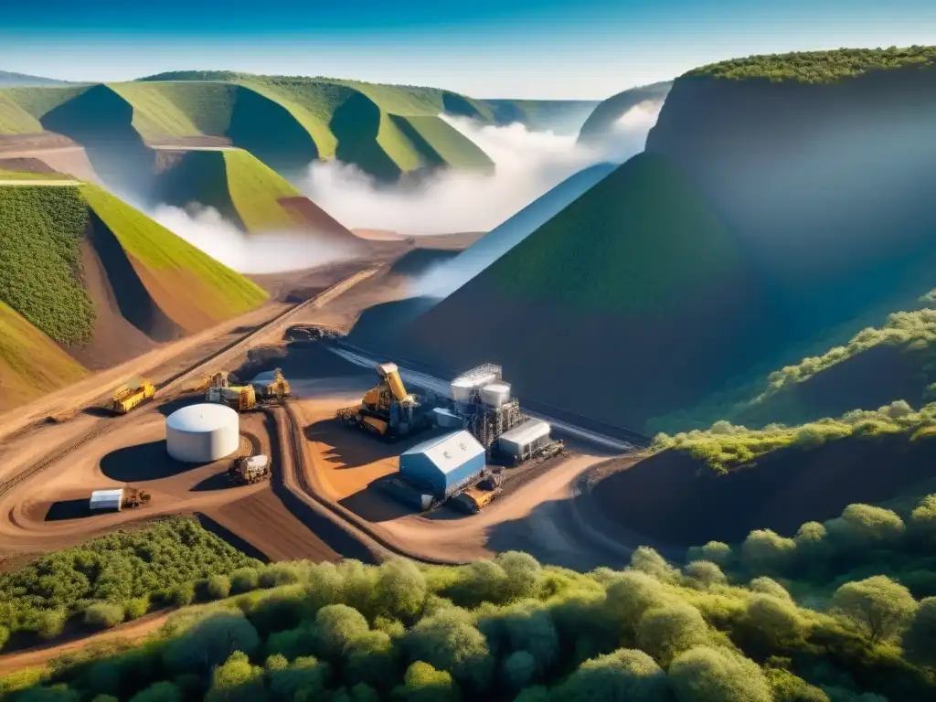 Minería sostenible: tecnología innovadora en acción Avanzada tecnología de extracción minera sostenible en acción, rodeada de naturaleza exuberante y cielos despejados