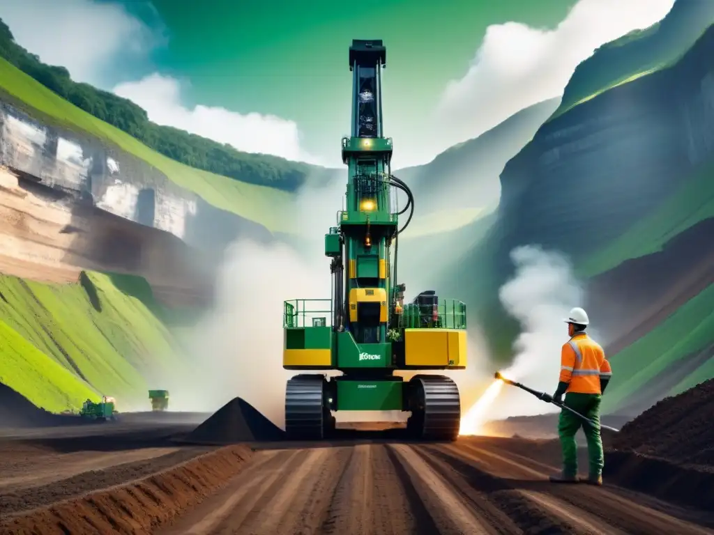Perforadora minera avanzada en entorno sostenible Avanzada tecnología de extracción minera sostenible en acción, combinando innovación y conciencia ambiental en una mina verde