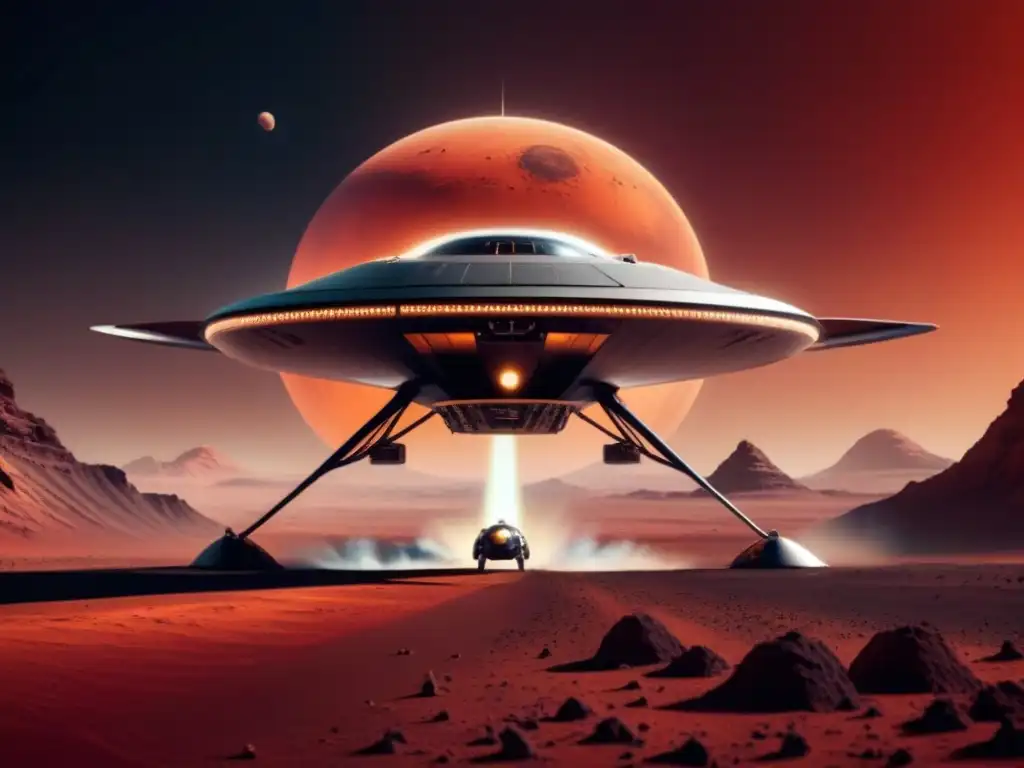 Avanzada tecnología de propulsión revolucionando exploración en Marte con nave espacial futurista sobrevolando el planeta rojo