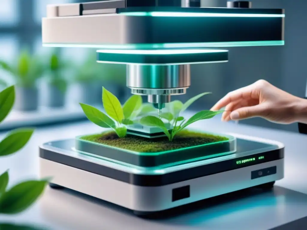 Avanzada bioimpresión de tejidos sostenible, con bioprinter en acción rodeado de hojas verdes vibrantes