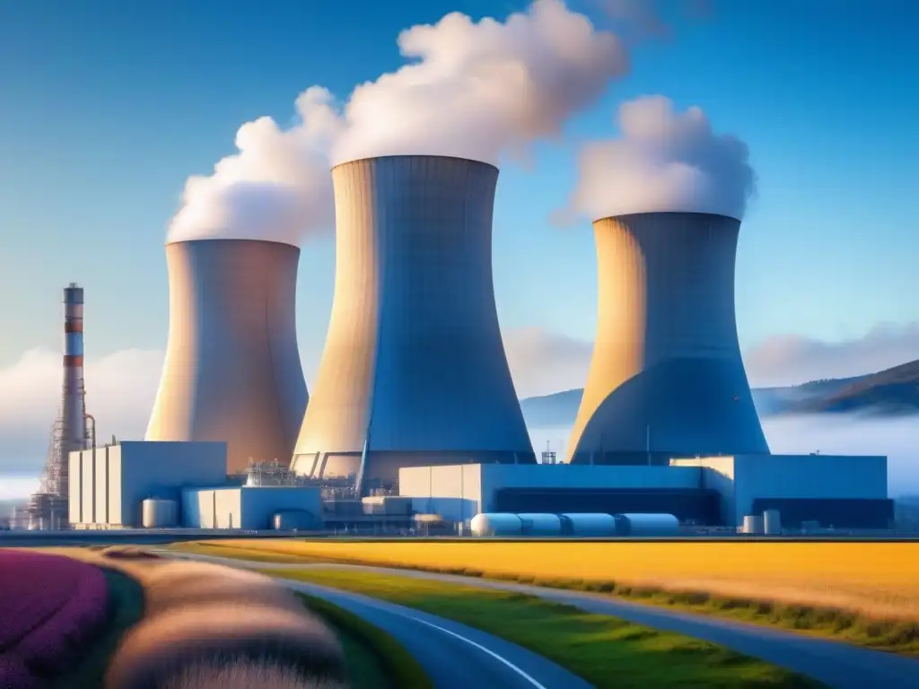Avanzadas innovaciones en seguridad energía nuclear en planta futurista, estructuras metálicas y tecnología integrada, paisaje sereno y cielo azul