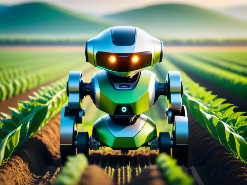 Avanzado robot agrícola en acción en un campo verde, ilustrando innovación y eficiencia