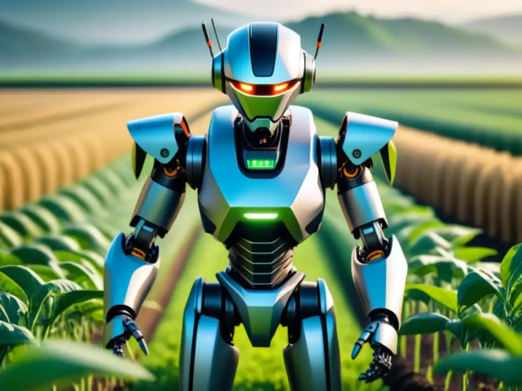 Robot agrícola futurista en campo verde vibrante Un avanzado robot agrícola maximiza la producción en un campo verde y organizado