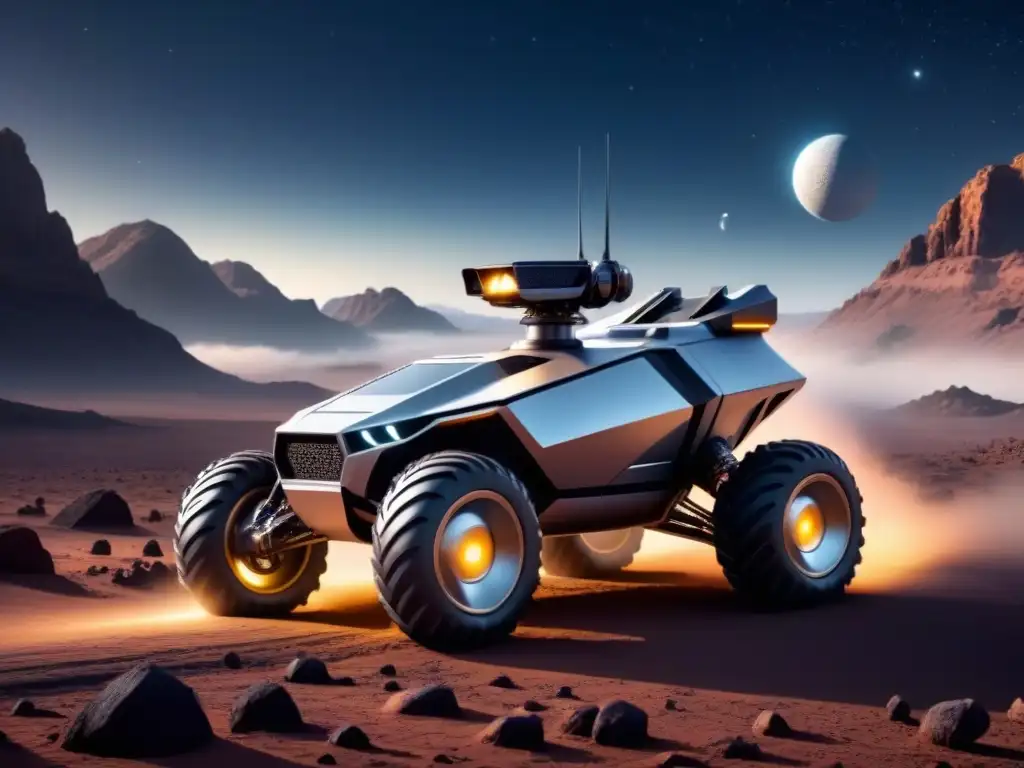 Avanzado rover espacial autónomo explorando planeta alienígena en diseño minimalista y futurista