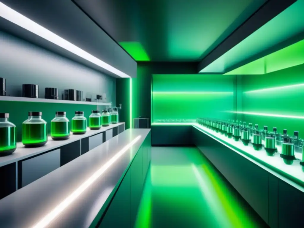 Avanzado laboratorio futurista con bioreactor lleno de líquido verde, tecnología de biocatalizadores en química verde